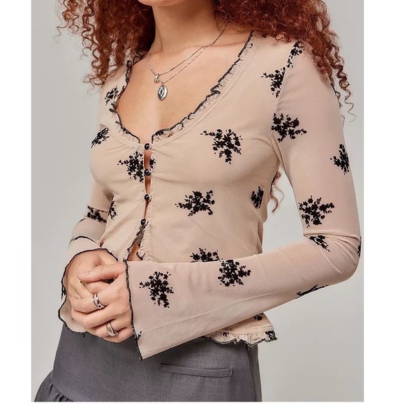 Motel Rocks Sweaters - Motel Rocks Ganin Mesh Floral Black Burnout Lettuce Trim Whimsigoth - Small
